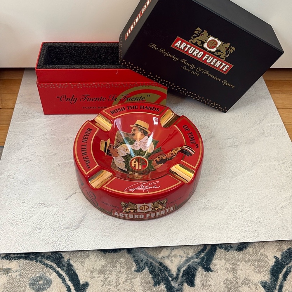 Arturo Fuente Story Collection Red and Gold Ceramic Collectible Ashtray & Box